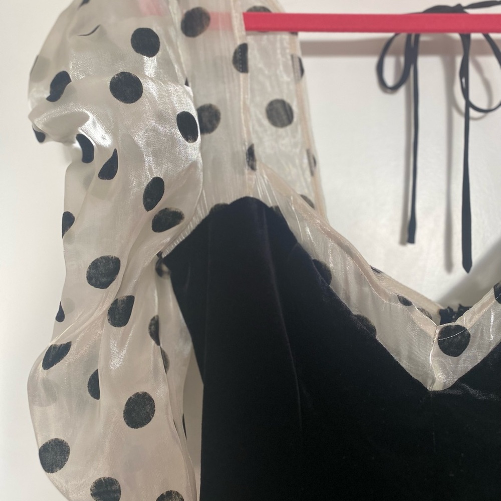 For Love And Lemons Black Velvet Mini Dress with Polka Dot Sleeves - Picture 5 of 8